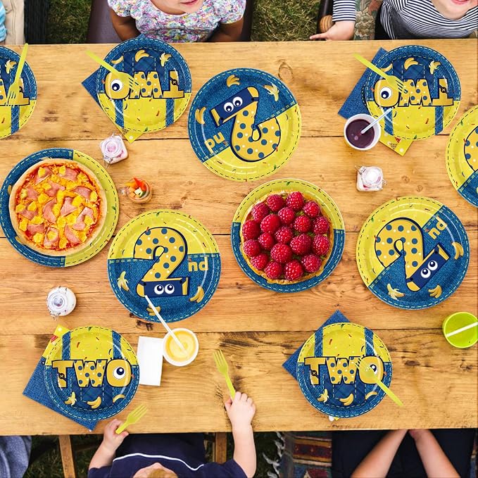 96 Pcs Yellow Cartoon 2nd Birthday Party Supplies Yellow Jeans Banana Plates - Image 7