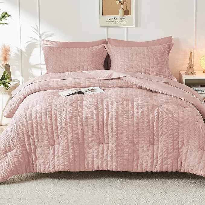 HYMOKEGE Rose Gold Twin Comforter Set Seersucker 5 Pieces, All Season Luxury - Image 9
