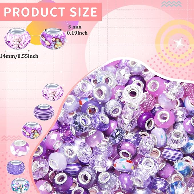 200Pcs Large Hole Beads Spacer Beads Purple Assorted European Craft Big Beads - Image 2