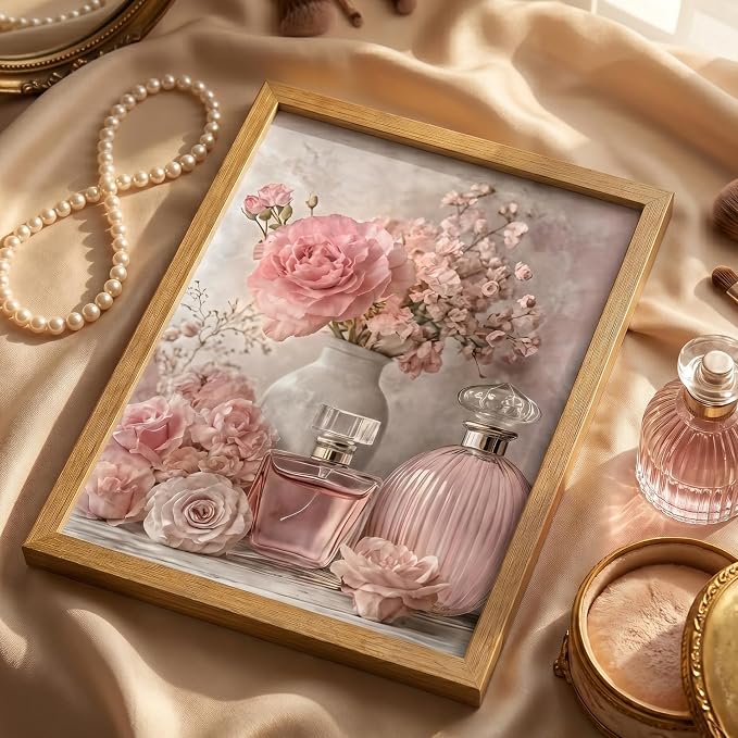 REWBKFIM Pink Floral Canvas Wall Art Vintage Perfume Bottle Rose Flower - Image 4