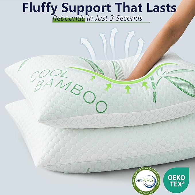 Cooling Pillows, Shredded Memory Foam Pillows Standard Size Set of 2 Adjustable - Image 4