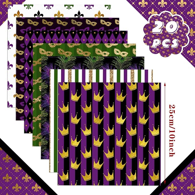HunnmingRe 20 Pcs 10''x10'' Mardi Gras Quilting Fabric Square Bundle Lily - Image 2