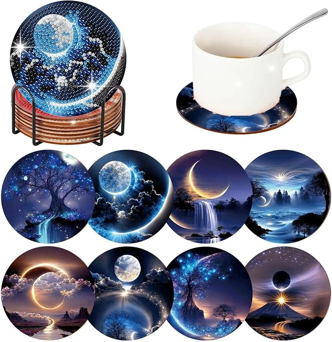 Gemozaic 8PCS Diamond Art Coasters Kit, Moon Night Landscape Diamond Painting by Gemozaic