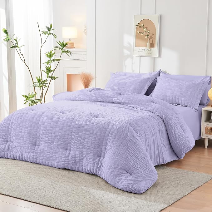 HYMOKEGE Light Purple Twin Comforter Set Seersucker 5 Pieces, All Season Luxury - Image 8