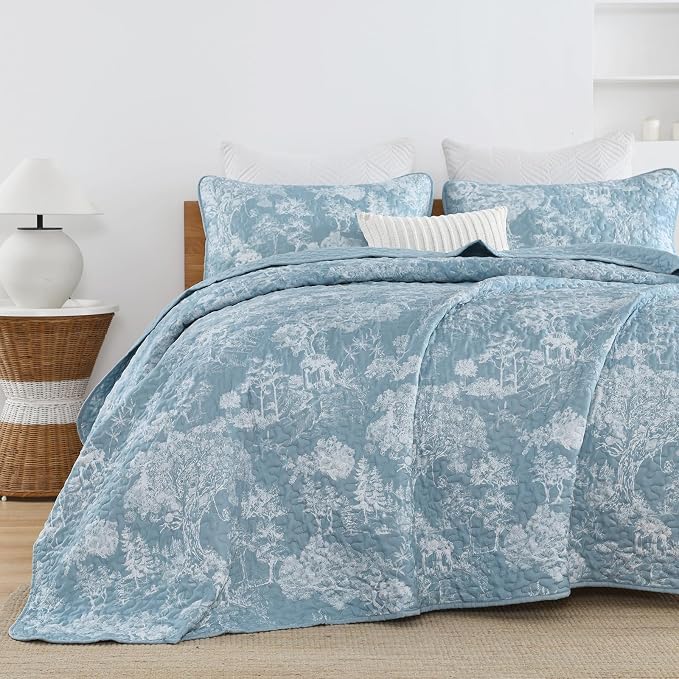WONGS BEDDING Botanical Quilt Set King Size, Aqua 3 Pieces Toile Floral Plants - Image 4