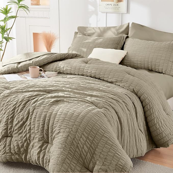 HYMOKEGE Linen Full Size Comforter Sets Seersucker 7 Pieces, All Season Luxury by HYMOKEGE