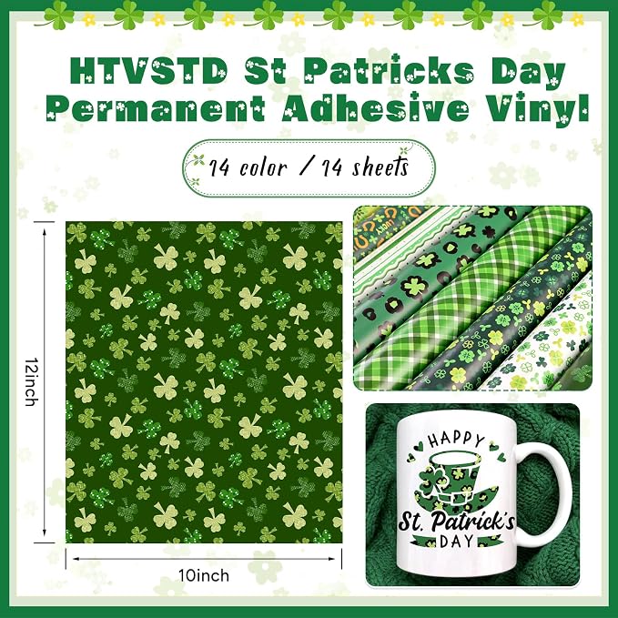Green Clover Permanent Adhesive Vinyl 14 Sheets 12'' x 10'' | St. Patrick's Day - Image 2
