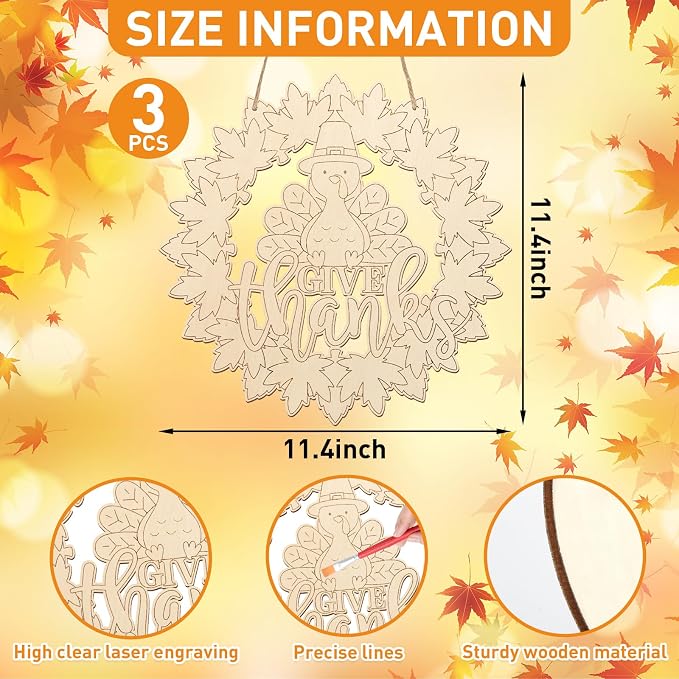 Unfinished Fall Wreaths Wood Crafts to Paint Set of 3, Unfinished Wood Cutouts - Image 2