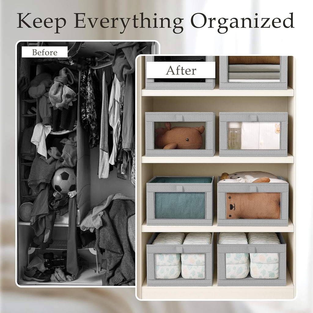 Criusia 4 Pack Linen Closet Organizers and Storage, Closet organizer Large Linen Closet Baskets for Organization, Foldable Storage Containers for Towels, Clothing, Jeans, Books, Shelves,Grey