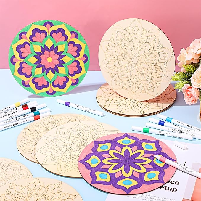 Vercraft 22 Pcs Wooden Mandala Painting Set 10 Mandala Unfinished Wood Cutouts - Image 4