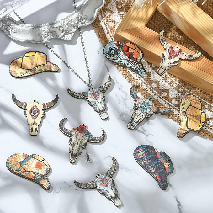18 pcs 9 Styles Western Cattle Theme Wood Cutout Charms Cow Cap Hat Animal Wood - Image 6