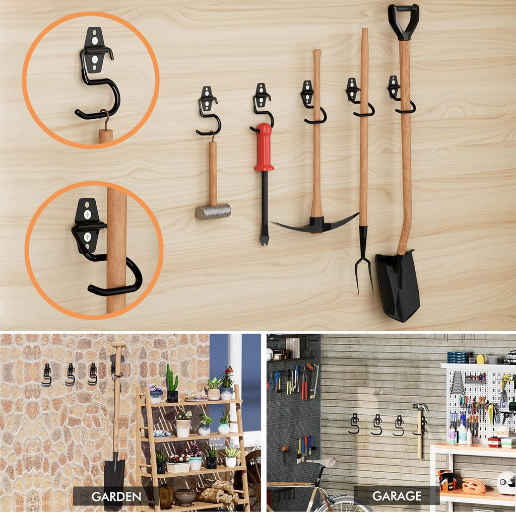 LIGHT DUST Broom Holder Wall Mount - 12 Pack Tool Hangers Garage Wall Hanging Organizer - Heavy Duty Metal Large S Hooks for Mop Shovel Rake Shed Garden Lawn Yard Handle Tools Organization (Black)