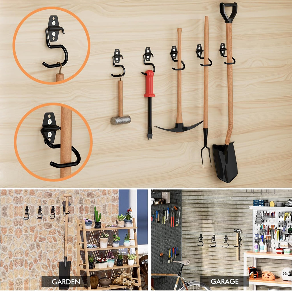 LIGHT DUST Broom Holder Wall Mount - 6 Pack Tool Hangers Garage Wall Hanging Organizer - Heavy Duty Metal Large S Hooks for Mop Shovel Rake Shed Garden Lawn Yard Handle Tools Organization (Black)