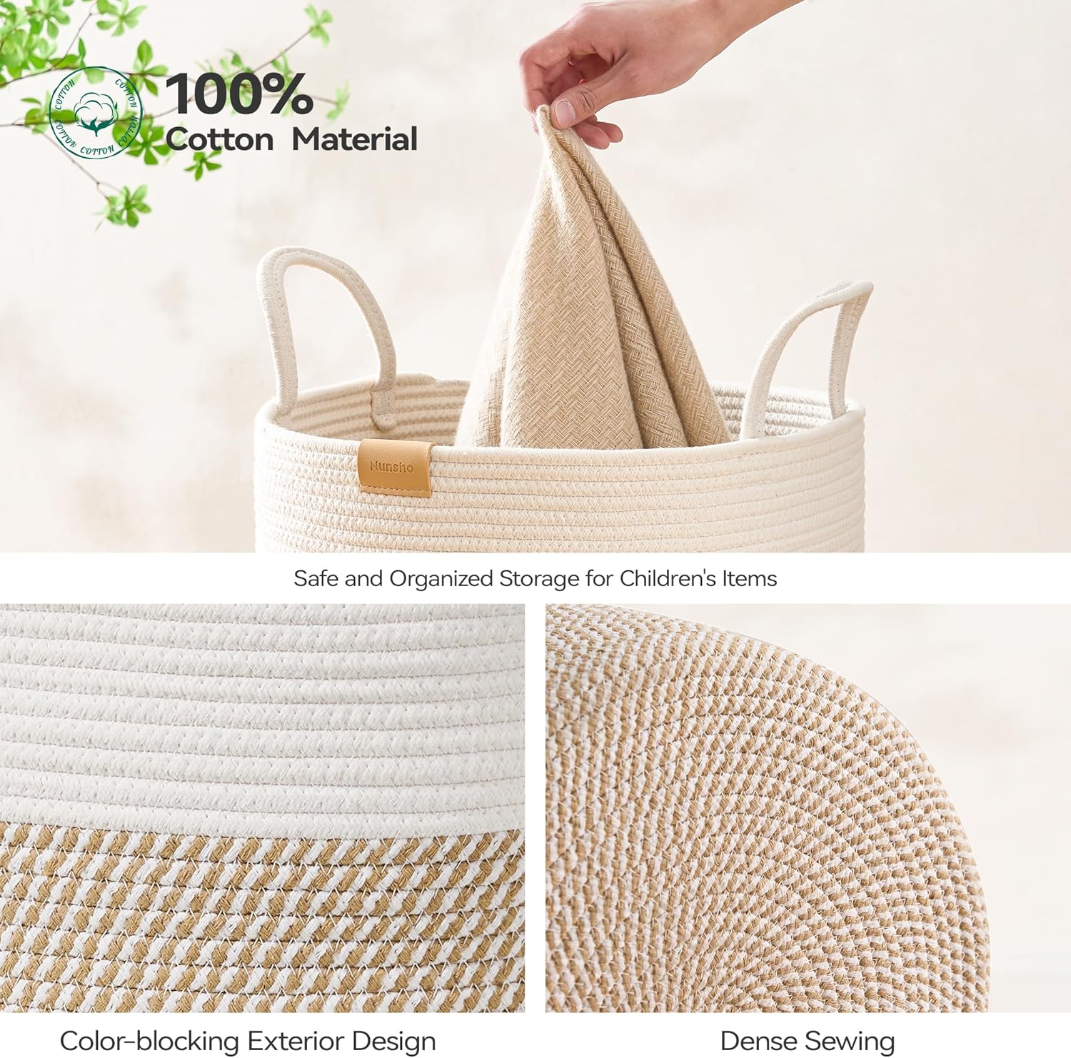 80L Laundry Hamper Basket,Baby Nursery Woven Storage Basket for Toys Bin,Pillows,Blankets,Clothes,Brown&White