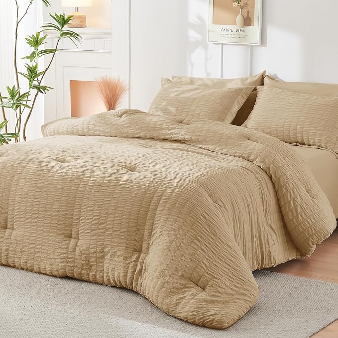 HYMOKEGE Khaki Twin Comforter Set Seersucker 5 Pieces, All Season Luxury Bed in - Image 8