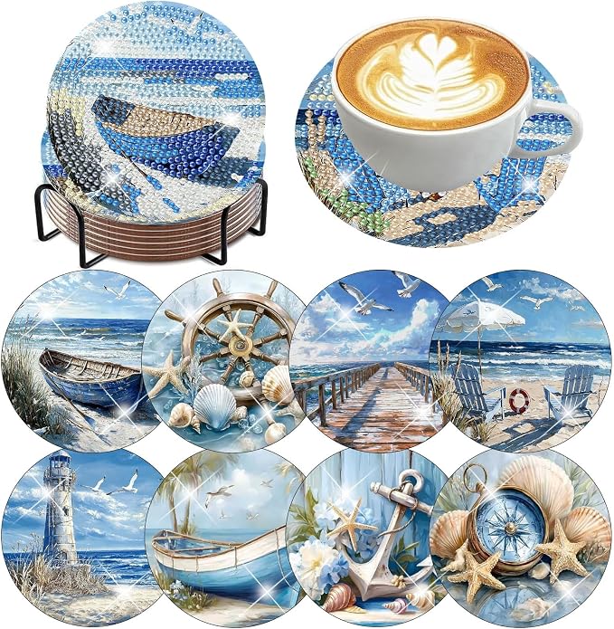 8 Pack Beach Diamond Art Coasters, Seaside Diamond Painting Coasters Kits | by Zythron