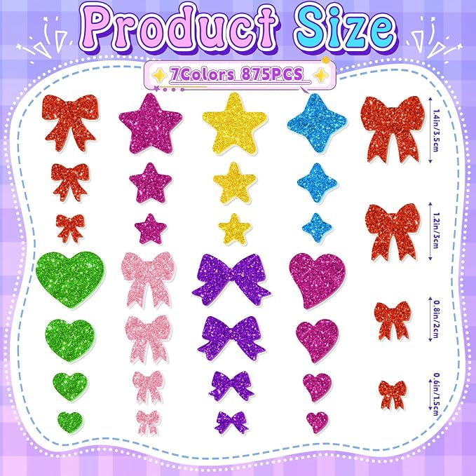 875PCS Glitter Foam Stickers, Colorful Heart & Star & Bow Stickers, - Image 2