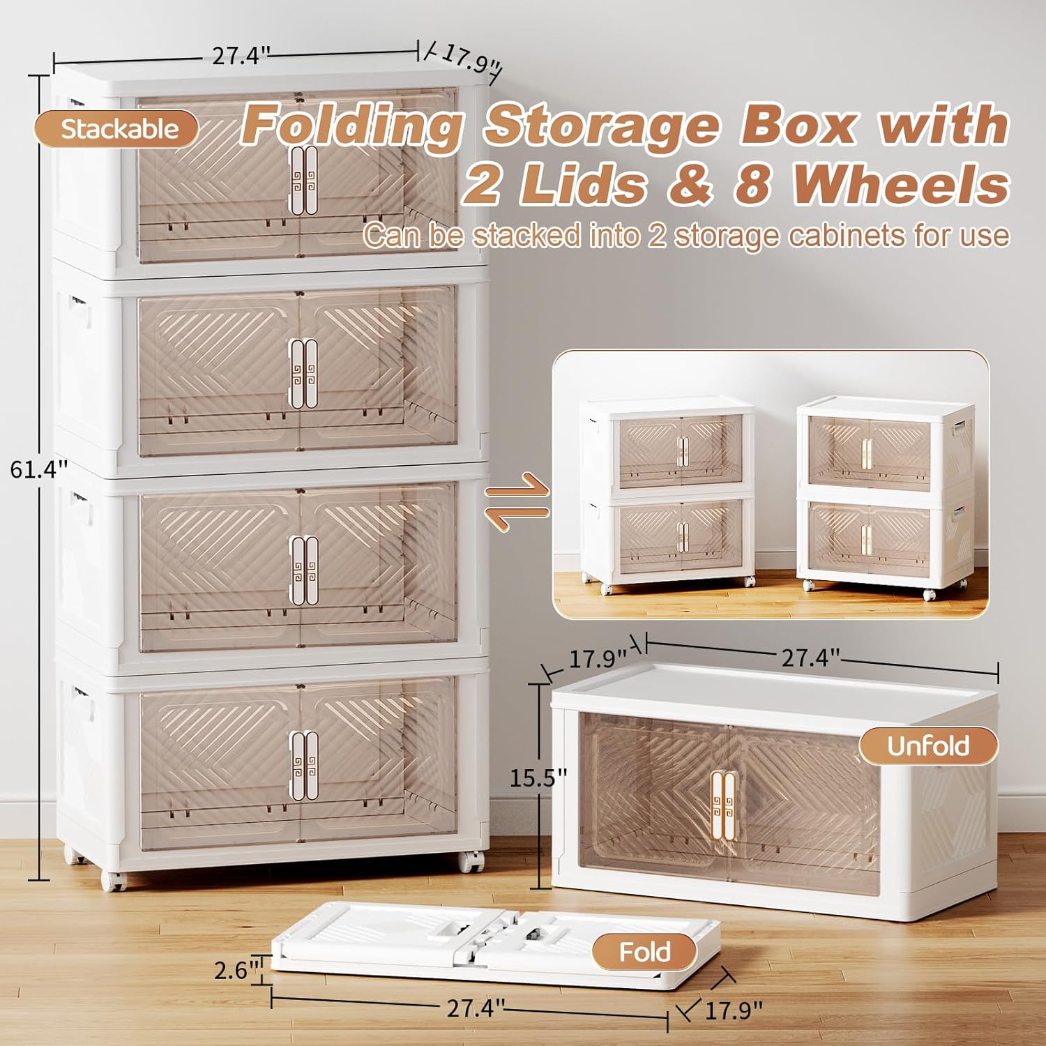 Storage Bins with Lid 120QT, Stackable Storage Containers with Wheels and Magnetic Doors, Plastic Clothes Closet Organizers and Storage Box for Pantry, Home and Office (4 Pack)