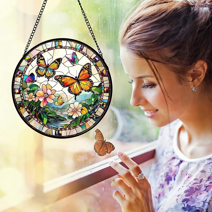 DASTOLL Stained Glass Window Hanging, Butterflies Flying in The Sky Suncatcher - Image 5