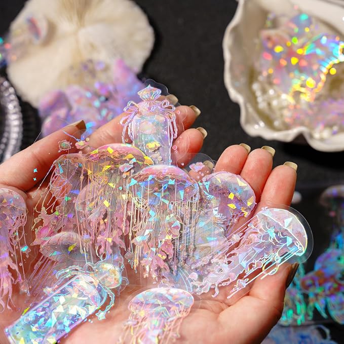 120 Pcs Holographic Glitter Jellyfish Ocean Life Stickers - Image 2