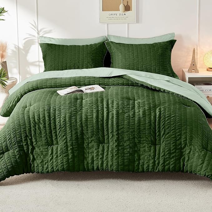 HYMOKEGE Dark Green/Sage Green California King Comforter Set Seersucker 7 Pieces - Image 9