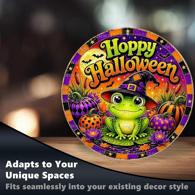 Cute Frog Witch Halloween Metal Tin Sign Round Wall Decor Pumpkin Lotus Moon - Image 6