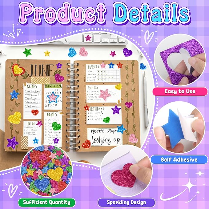 1000PCS Glitter Foam Stickers, Colorful Heart & Star Stickers, Self-Adhesive - Image 3