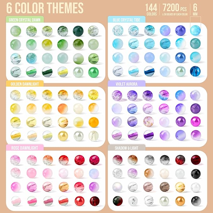 7200PCS 6mm Glass Beads Bracelet Making Kit, 144 Colors Assorted Crystal Beads - Image 2