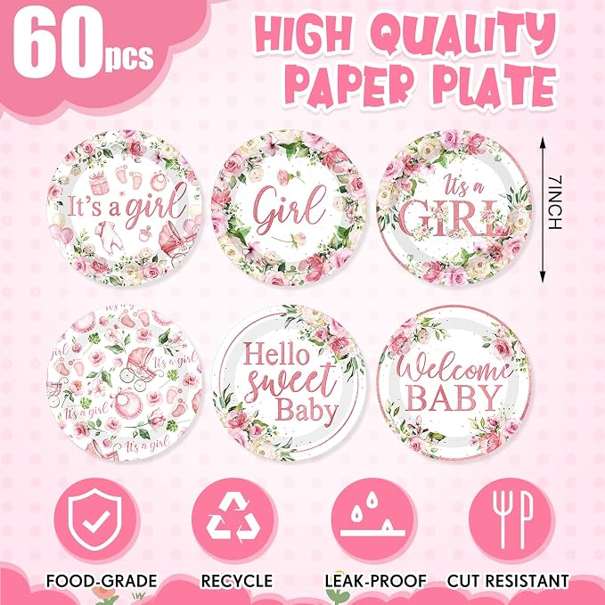 Funnymoom 60 Pcs 7 Inch Baby Shower Paper Plates Girl Pink Floral Baby Shower - Image 2