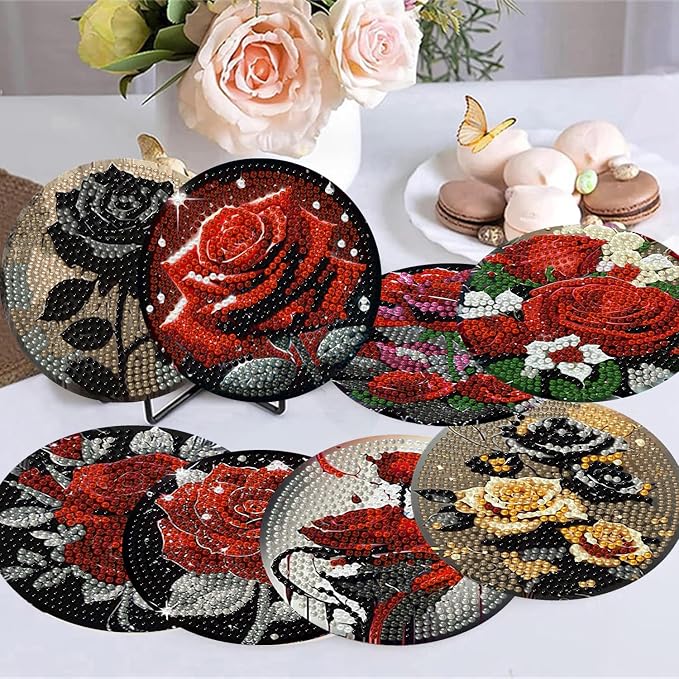 8 Pack Diamond Art Coasters, Rose Flowers Diamond Painting Coasters Kits | - Image 5
