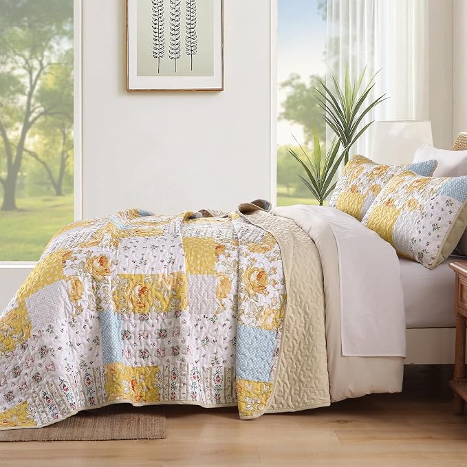 Anibedding Yellow Patchwork Quilt Set King Size Boho Floral Plaid Bedspread - Image 3