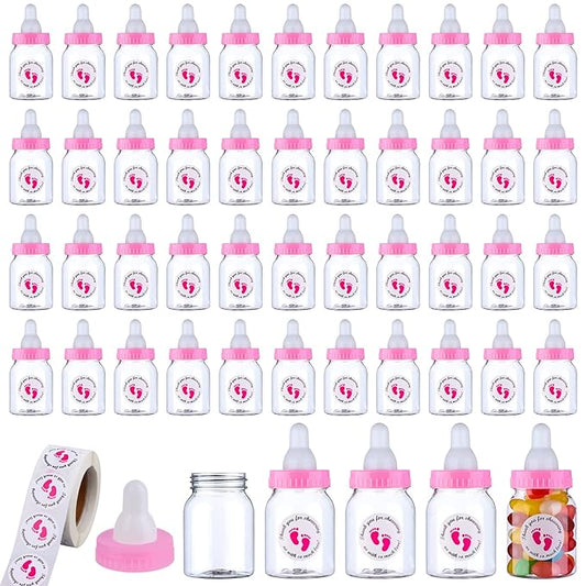 62 Pcs 3.5 Inch Baby Mini Milk Bottle Baby Shower Favor with 500 Adhesive Thank You for Showering Stickers, Small Plastic Candy Bottle DIY Gift for Boy Girl Newborn Baptism Party Decor (Pink)