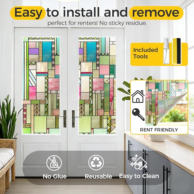 3D Stained Glass Window Privacy Film, Heat Control UV Blocking Static Cling - Image 5