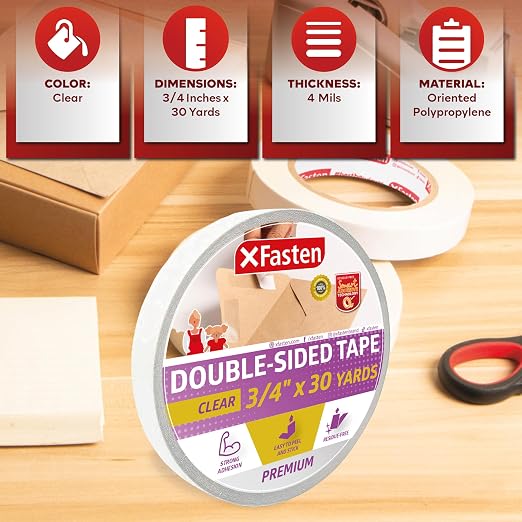 XFasten Clear Double Sided Sticky Tape, 3/4-Inch x 30-Yards, Single Roll Ideal - Image 3