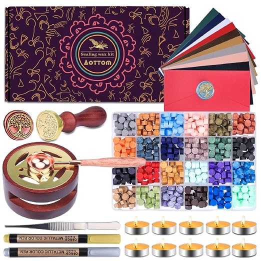 Aottom Wax Seal Stamp Kit with Gift Box, 24 Colors 650 Pcs Beads, Metallic Pen by AOTTOM