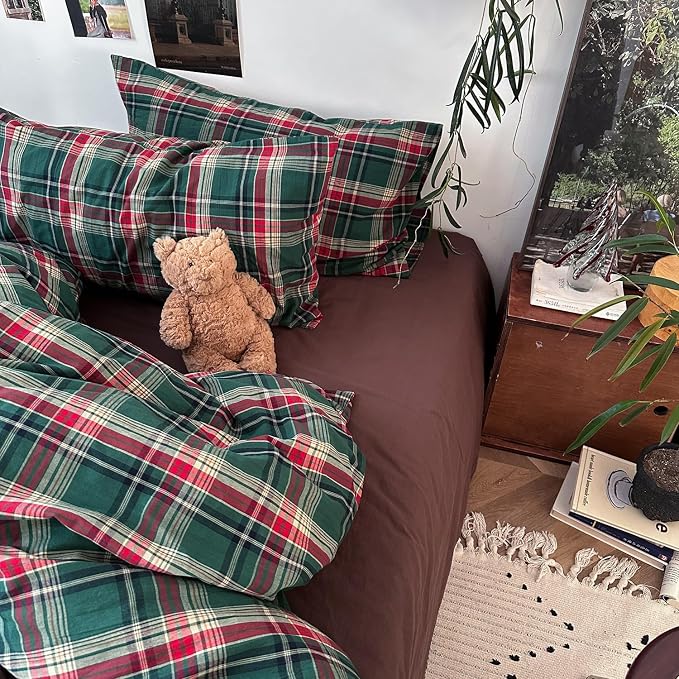 mixinni Vintage Green Buffalo Plaid Washed Cotton Duvet Cover King - Image 4