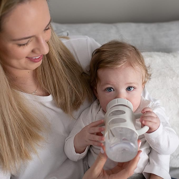 Dr. Brown's Milestones Wide-Neck Sippy Spout Bottle with 100% Silicone Handles, Easy-Grip Handles with Soft Sippy Spout, 9oz/270mL, Light-Blue & Gray, 2-Pack, 6m+
