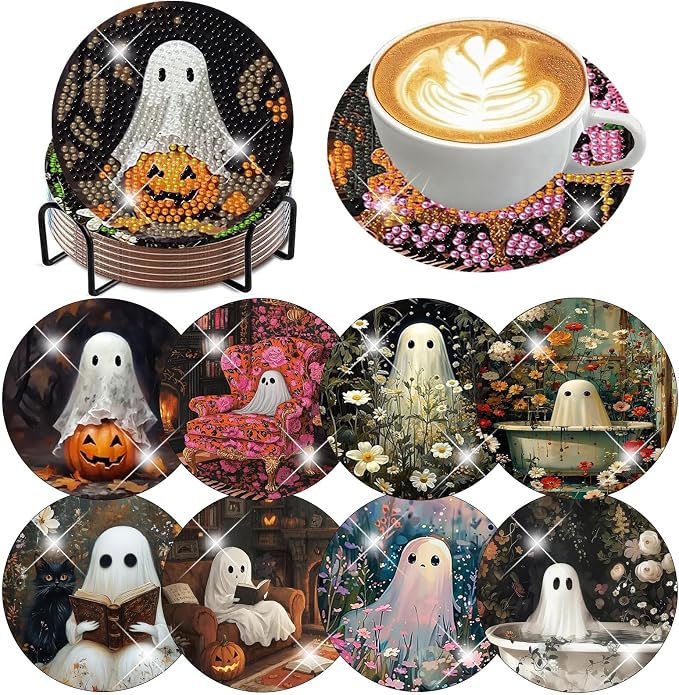 8 Pcs Halloween Diamond Art Coasters Kits by ijbnhd