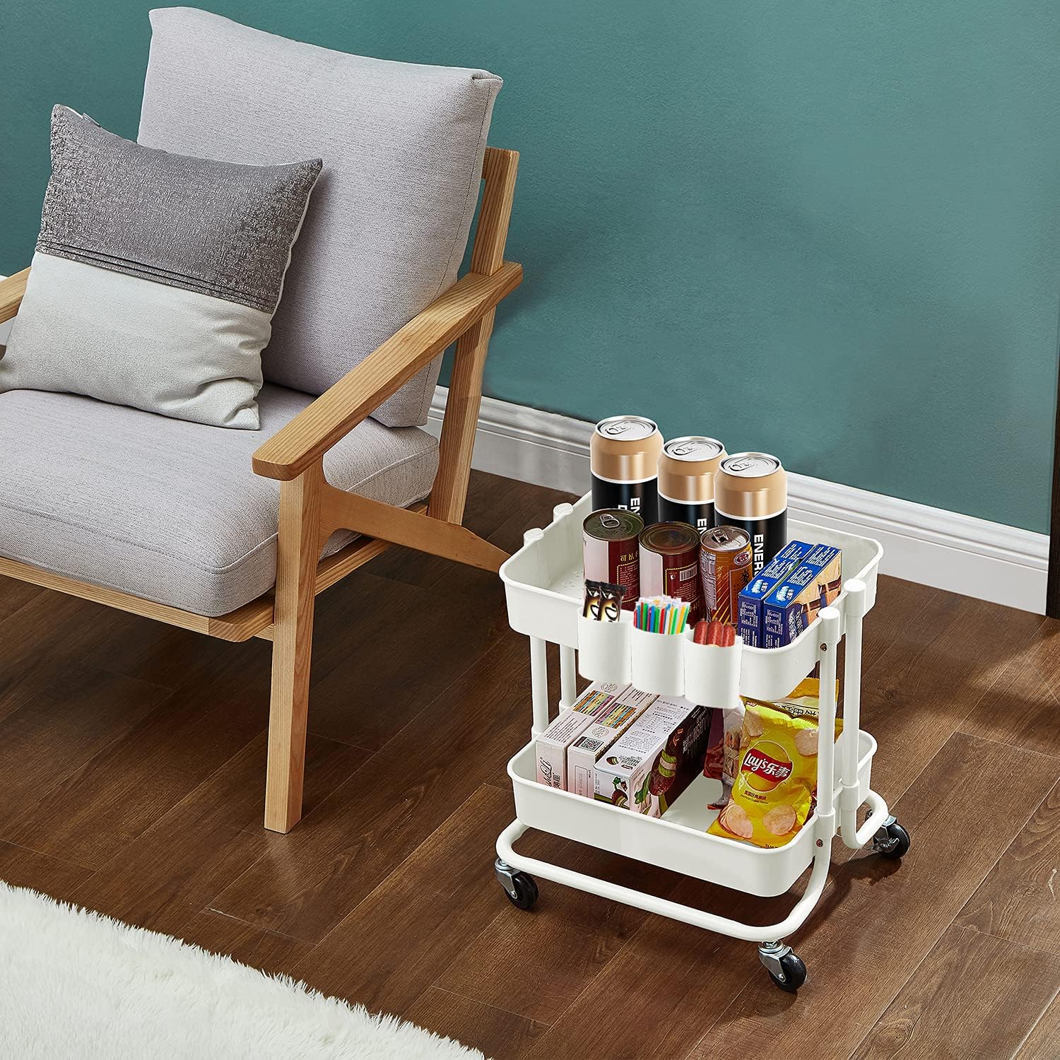 2-Tier Utility Rolling Cart Storage Sofa Side Table with Wheels, Mobile Trolley Organizer with for Office Home Kitchen Organization, Cream White
