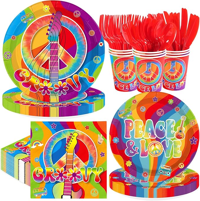 168Pcs Hippie Party Supplies for 60s 70s Hippie Theme Serves 24 | Rainbow Retro by Greencian