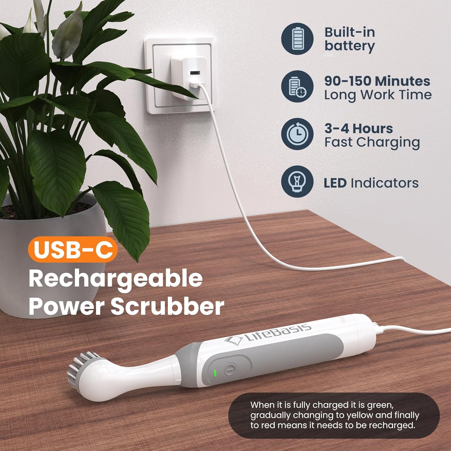 LifeBasis Rechargeable Power Scrubber, Cordless Electric Cleaning Brush, Water Resistant Small Electric Grout Brush with 5 Brushes for Home/Kitchen/Bathroom/Grout/Tile/Shower/Tub, White