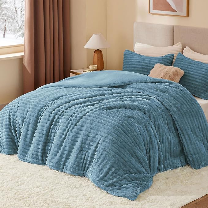 BEDELITE Fleece Queen Comforter Set -Super Soft & Warm Fluffy Blue Fog Bedding - Image 2