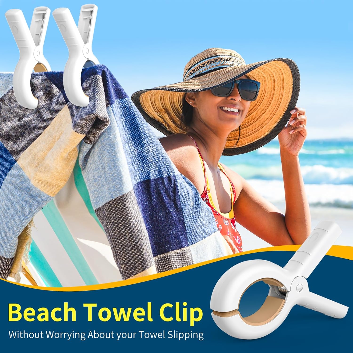 Senbowe Extra Large 6 Pack Beach Towel Clips, 5.1 Inch Pool Chair Clips,Heavy Duty Plastic Clothes Pins,Quilt Drying Clips,Windproof Clothes Clips,Keep Your Towel,Blankets to Dry on Clothesline