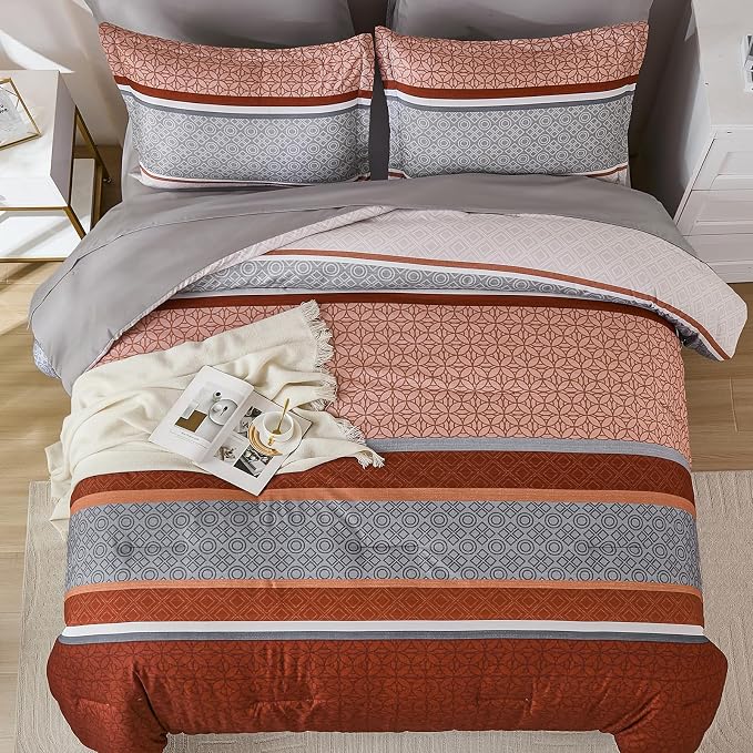 WONGS BEDDING 7 Pieces Comforter Set Queen Size, Burnt Orange Striped Bed in a - Image 3