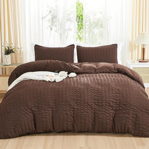 AveLom Brown Duvet Cover Full, 3 Pieces, Seersucker Tripe Soft Washed by AveLom