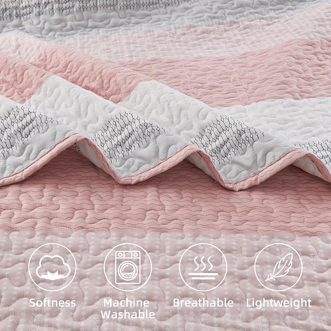 Andency Pink Quilt Queen, 3 Pieces Patchwork Striped Bedspread Coverlet Set - Image 5