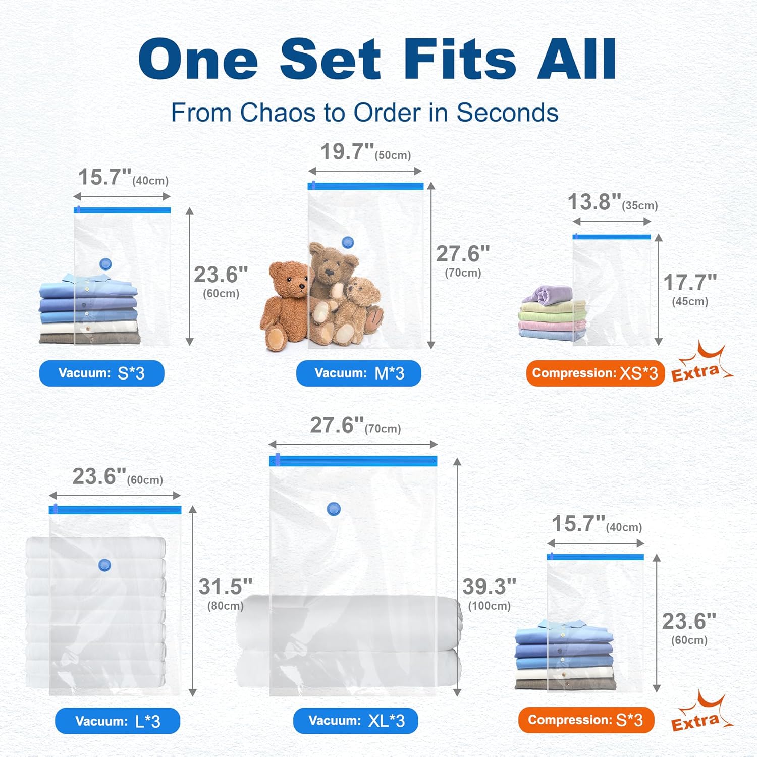 HOUSE DAY 18 Pack Vacuum Storage Bags with Electric Pump, Valve, Space Saver Vacuum Seal Bags for Clothing, Comforters, and Travel Essentials 3 Jumbo,3 Large,3 Medium,3 Small/3 Small,3 XS Roll Up Bag