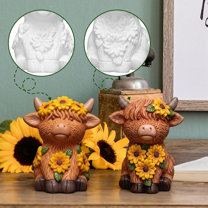 Hollowfly 2 Pack Ready to Paint Your Own Sunflower Highland Cow Statue Spring - Image 6