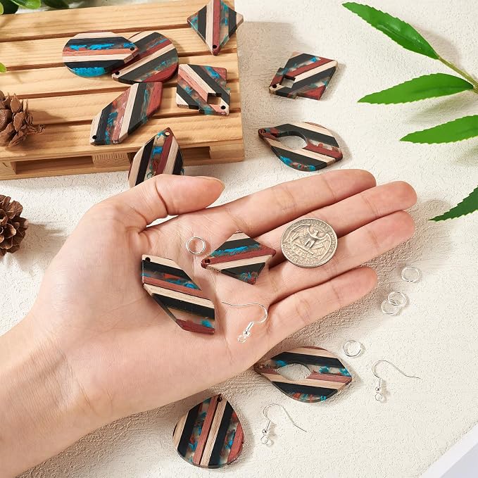 FASHEWELRY Striped Resin Wood Earrings Charms Rhombus Teardrop Kite Wooden - Image 7