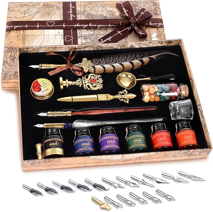 NC Quill Pen Ink Set, includes quill pen, wooden And glass dip pen, 6 bottles by NC